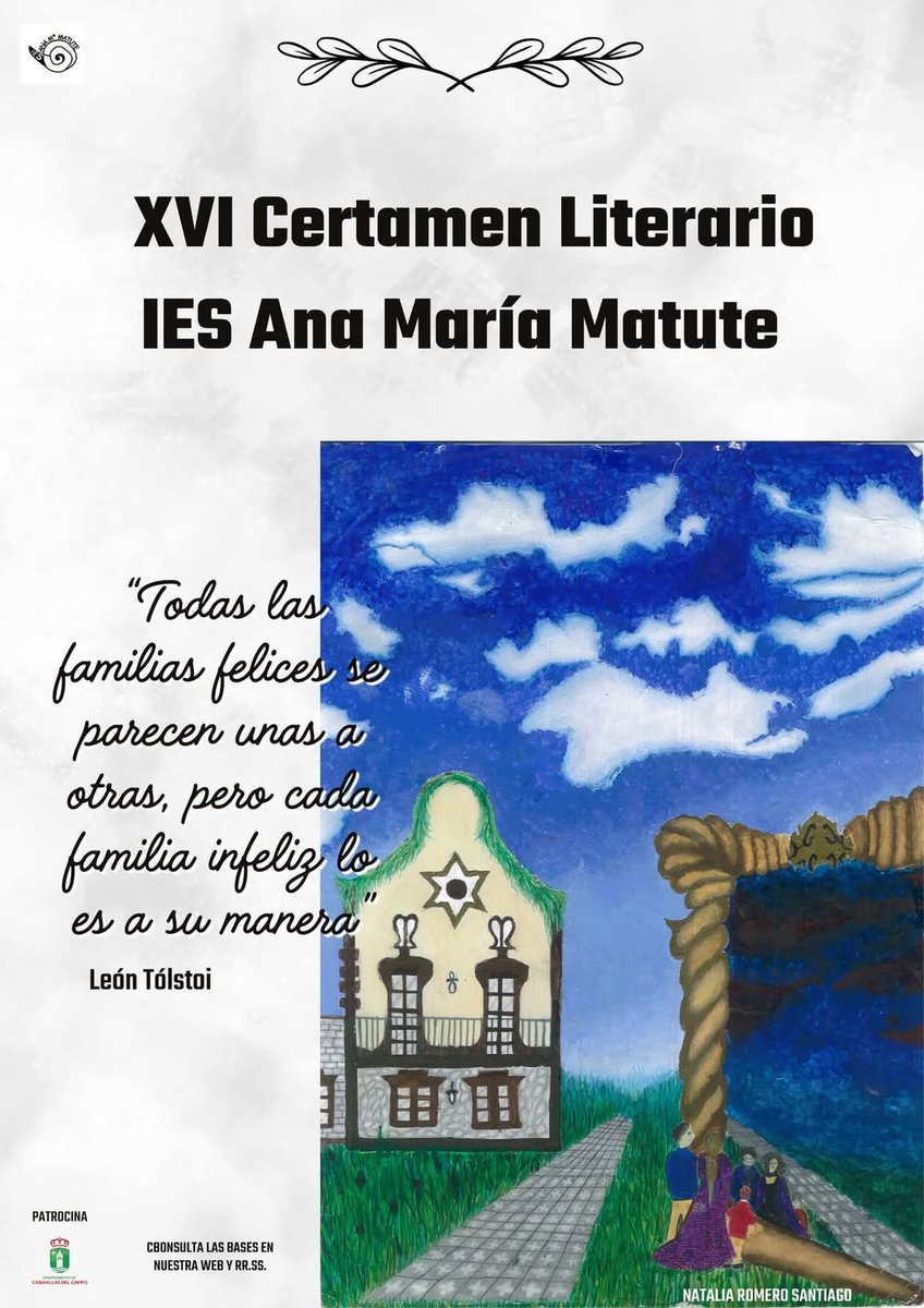 Certamen Literario IES Ana María Matute: "Todas las familias felices se parecen unas a otras, pero cada familia infeliz lo es a su manera". 
Tienes hasta el 11 de abril para continuar esta frase de León Tólstoi. Consulta las bases en la web del Centro: 

…riamatute.centros.castillalamancha.es/anuncios/xvi-c…