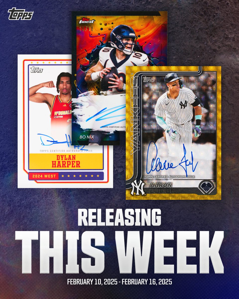 Topps's tweet image. ⏰ RELEASING THIS WEEK ⏰

2024 Finest 🏈 (Pre-Order)
Mon. 2/10 - 12PM EST
10 cards per pack, 6 packs per box
2 autographs per per box
Hobby Box: TBA

2025 Series 1 ⚾️
Wed. 2/12 - 12PM EST
12 cards per pack, 20 packs per box
1 autograph or relic per box
Hobby Box: $89.99

2024…