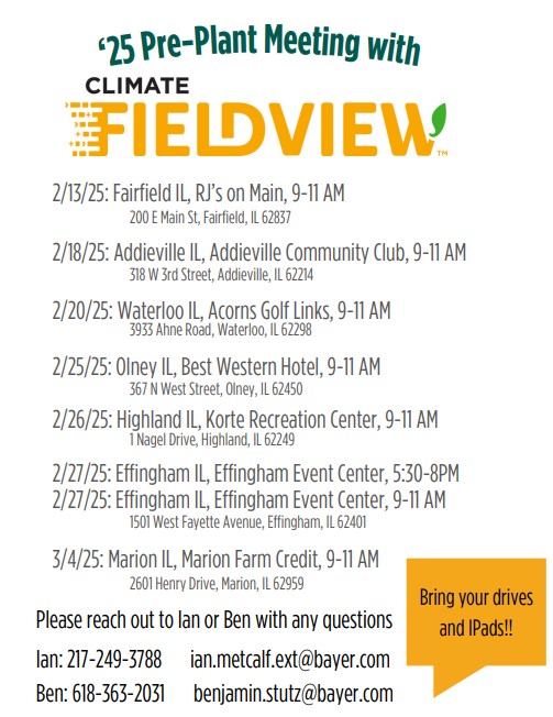 🚨 Climate Fieldview update meetings 🚨

Join us in the upcoming weeks at one of the following locations to make sure your operation is set up and ready for #Plant25! 🌽🌱
FieldView

Register below 👇
forms.office.com/e/t4Fj9uBPNw