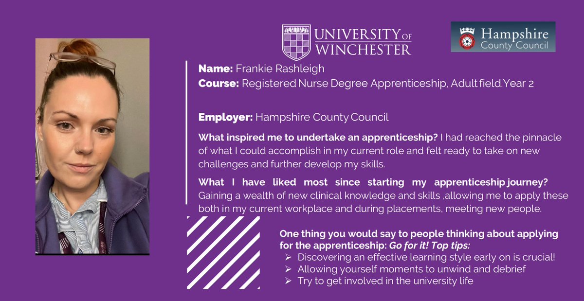 Shining a light on Inspiring Apprentices <a href="/_UoW/">University of Winchester</a> throughout #NAW2025

Frankie Rashleigh 2nd Year RNDA (Adult field) @HantsConnect

One thing you would say to people thinking about applying for the apprenticeship? GO FOR IT!