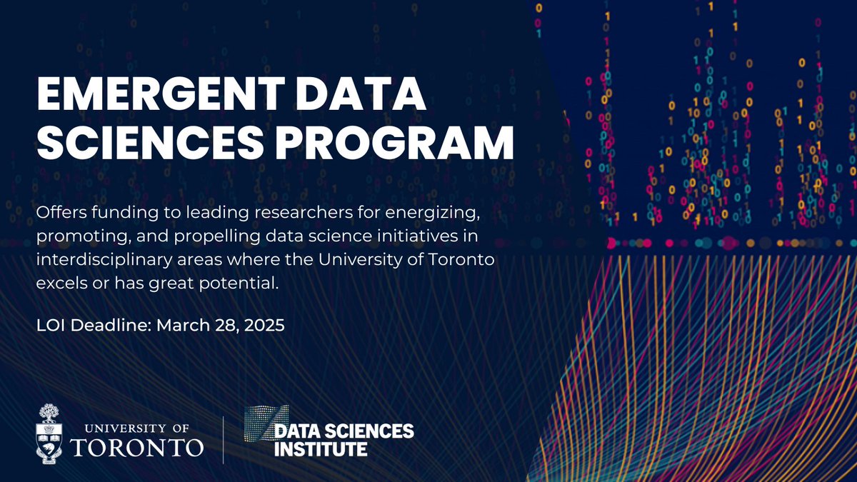 U of T Data Sciences Institute (DSI) (@uoftdsi) on Twitter photo 📢 Funding alert: The DSI Emergent Data Sciences Program funds leading researchers to galvanize, support, and advance data science work in key interdisciplinary areas where <a href="/UofT/">University of Toronto</a> excels or has the potential to excel.
🗓️ Apply by March 28, 2025
🔗 bit.ly/3Vx81Qg
#uoft 📢 Funding alert: The DSI Emergent Data Sciences Program funds leading researchers to galvanize, support, and advance data science work in key interdisciplinary areas where <a href="/UofT/">University of Toronto</a> excels or has the potential to excel.
🗓️ Apply by March 28, 2025
🔗 bit.ly/3Vx81Qg
#uoft