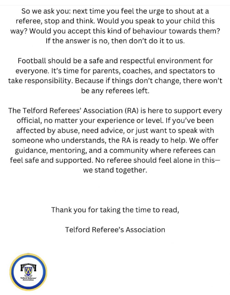 TelfordReferees’Association (@telfordreferees) on Twitter photo Please read this important information below. Things need to change.
<a href="/FARefereeing/">FA Refereeing</a> <a href="/ShropshireFA/">⚽️🏆Shropshire FA🏆⚽️</a> <a href="/RefsAssociation/">The Referees’ Association</a> <a href="/FA_PGMOL/">PGMO</a> #Telfordrefereees Please read this important information below. Things need to change.
<a href="/FARefereeing/">FA Refereeing</a> <a href="/ShropshireFA/">⚽️🏆Shropshire FA🏆⚽️</a> <a href="/RefsAssociation/">The Referees’ Association</a> <a href="/FA_PGMOL/">PGMO</a> #Telfordrefereees