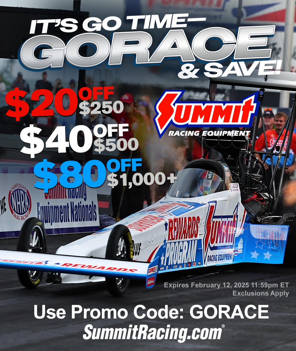 🔴🟡🟢 IT'S GO TIME 🔴🟡🟢
Code: GORACE
Tiers: $20 off $250, $40 off $500, $80 off $1,000+
Dates: Starts today February 10 and ends February 12 at 11:59pm
Here is the redirect link for it: summitracing.com/redirect?banne…