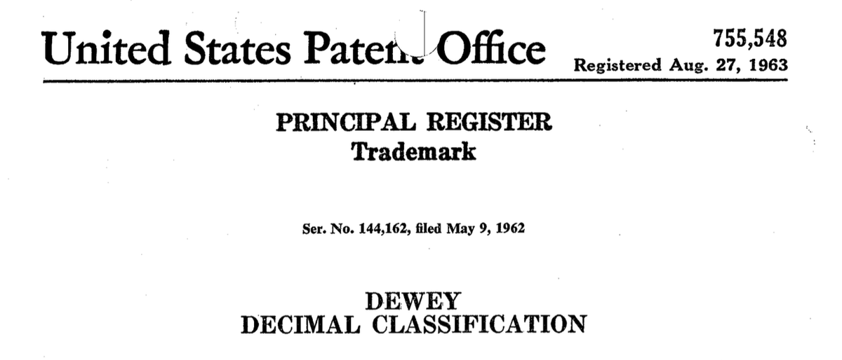 Another one in the #HowOldAmI series:
One for the Baby Boomers. Remember the Dewey Decimal Classification® system for finding books in a library?
The date in the image tells you when it was registered. Can you guess when it was first used in the U.S.?
#trademarks