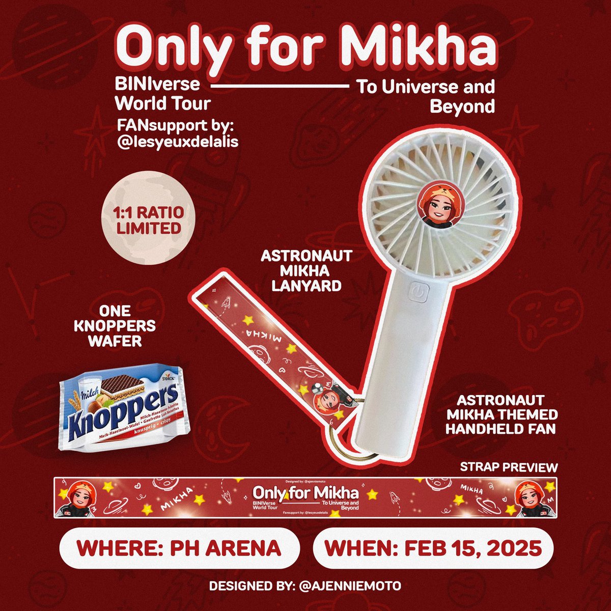✧✦ MIKHA LIM BINIVERSE WORLD TOUR: FAN SUPPORT ✧✦
by 𝐥𝐞𝐬𝐲𝐞𝐮𝐱𝐝𝐞𝐥𝐚𝐥𝐢𝐬

𝙛𝙞𝙧𝙨𝙩 𝙨𝙩𝙤𝙥: 𝙥𝙝 𝙖𝙧𝙚𝙣𝙖

mini rechargeable fan with lanyard + 1 german snack (knoppers)

✶ like &amp; rt
✶ VERY limited, 1:1
✶ time &amp; loc TBA