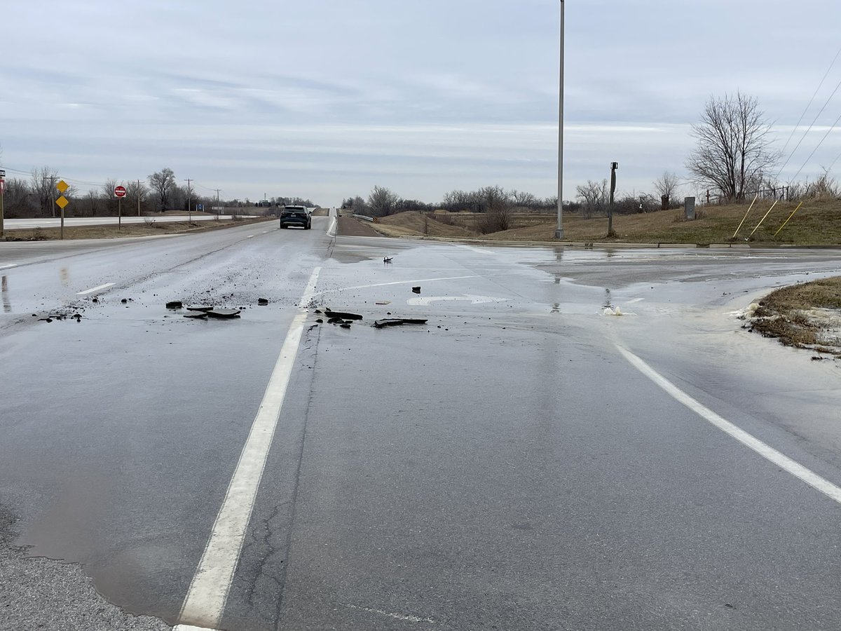 Lieutenant Jesse Johnson drove up on this mess on northbound K-7 at Donahoo in the right lane.

Busted asphalt &amp; water across the roadway isn’t going to be a good mix very soon as this winter weather starts to move in!

Please use caution as you drive through this area.