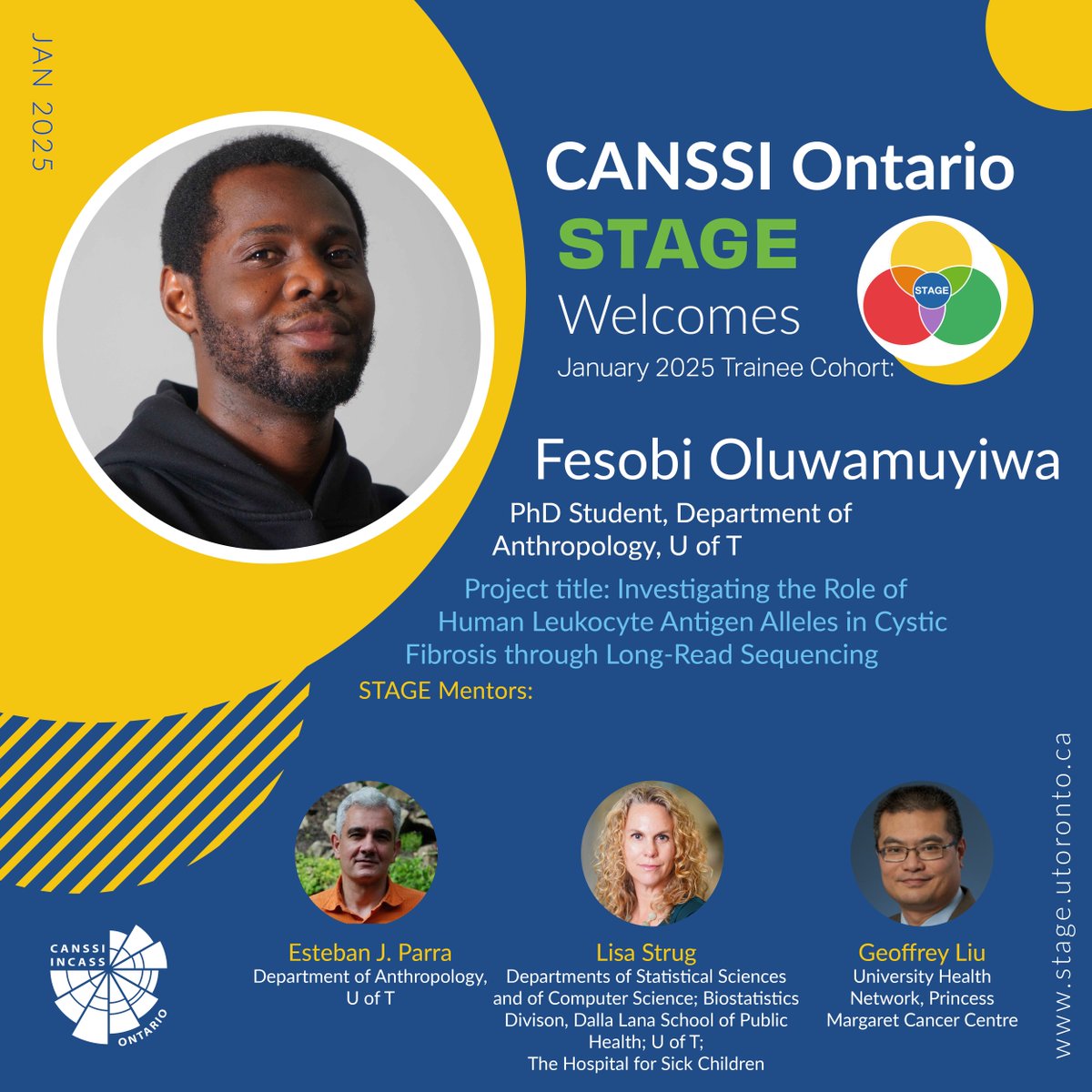 CANSSI Ontario (@canssiontario) on Twitter photo Congratulations to Fesobi Oluwamuyiwa of @uoft_athro for being admitted to the
<a href="/CANSSIOntSTAGE/">STAGE</a> Program!
Read More: bit.ly/40C1Awk
STAGE Mentors:
Dr. Lisa Strug, <a href="/struglab/">Strug Lab</a>
Dr. Esteban Parra, <a href="/UofT_Anthro/">U of T Anthropology</a>
Dr. Geoffrey Liu, <a href="/UHN/">University Health Network</a>
<a href="/Rexiron4/">Fesobi Oluwamuyiwa</a> #GeneticEpidemiology Congratulations to Fesobi Oluwamuyiwa of @uoft_athro for being admitted to the
<a href="/CANSSIOntSTAGE/">STAGE</a> Program!
Read More: bit.ly/40C1Awk
STAGE Mentors:
Dr. Lisa Strug, <a href="/struglab/">Strug Lab</a>
Dr. Esteban Parra, <a href="/UofT_Anthro/">U of T Anthropology</a>
Dr. Geoffrey Liu, <a href="/UHN/">University Health Network</a>
<a href="/Rexiron4/">Fesobi Oluwamuyiwa</a> #GeneticEpidemiology