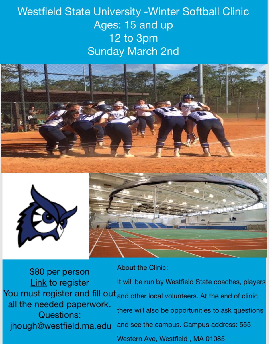 Coach Hough WSU Softball (@coachhough413) on Twitter photo Come join us for a final tuneup clinic to get you ready for your season Sunday March 2nd! Come meet the WSU staff and players and see our facilities. It will be high energy and fun!
Email Coach Hough if interested:
jhough@westfield.ma.edu Come join us for a final tuneup clinic to get you ready for your season Sunday March 2nd! Come meet the WSU staff and players and see our facilities. It will be high energy and fun!
Email Coach Hough if interested:
jhough@westfield.ma.edu