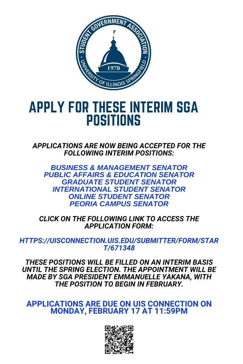 Attention students!  

A new opportunity for students with a permanent residence within the Peoria (and surrounding) area has appeared - There's now an interim SGA position for the Peoria Campus Senator!  

The deadline to apply is Monday, Feb 17th @ midnight.
