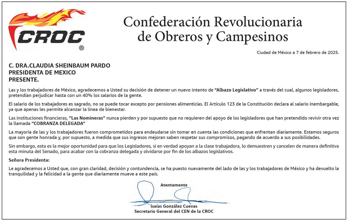 IsaiasGCroc's tweet photo. Desde la CROC, enviamos un mensaje claro: el salario de los trabajadores es intocable. 

 Exigimos la eliminación definitiva de la cobranza delegada. ¡Basta de albazos legislativos!  @CONAGO_oficial  @CONAMM  @senadomexicano @Mx_Diputados https://t.co/HzJ75gUh5s