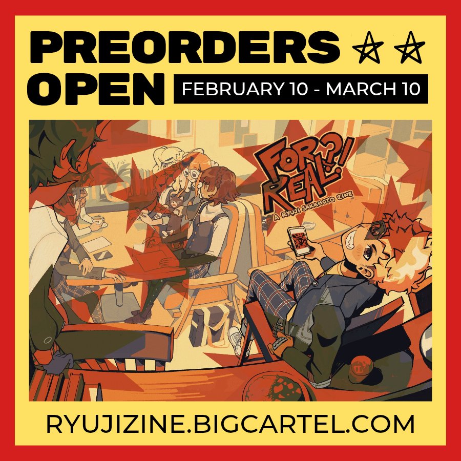 ⭐️ PREORDERS OPEN ⭐️

TODAY'S THE DAY! Preorders for FOR REAL?! are now OPEN through March 10! Visit our shop to see all we have to offer, starting with our phenomenonal zine cover illustrated by the incredible <a href="/zipsunz/">rae! ⛅️ STORE OPEN 11/16-11/29</a>! ☠️💛
ryujizine.bigcartel.com

Stretch goals &amp; bundles ⬇️