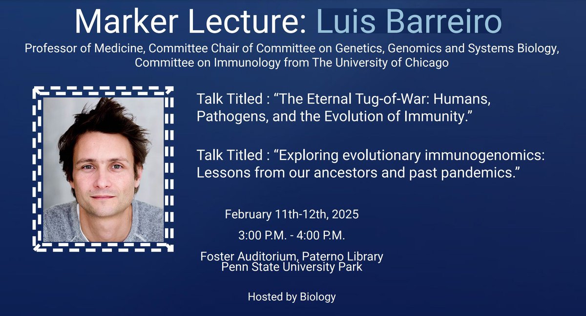 Penn State Biology (@pennstatebio) on Twitter photo We are excited to host Professor Luis Barreiro (<a href="/LB_Barreiro/">Luis B Barreiro</a>) from <a href="/UChicago/">The University of Chicago</a> for two talks this week! Come learn about the evolution of the human immune system! We are excited to host Professor Luis Barreiro (<a href="/LB_Barreiro/">Luis B Barreiro</a>) from <a href="/UChicago/">The University of Chicago</a> for two talks this week! Come learn about the evolution of the human immune system!