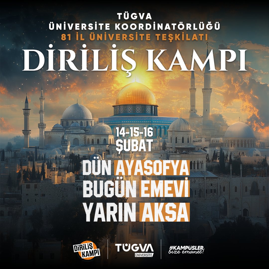 Diriliş, Diriliş ve Bir Diriliş ☝🏻

81 İl Üniversite Teşkilatımız ile 2. Diriliş Kampımızda bir araya geliyoruz. Ve yine en yüksek sesle “Dün Ayasofya, Bugün Emevi, Yarın Aksa” diyoruz 👍🏻 

Bir güneş doğuyor seninle! 🇹🇷
#DirilişKampı