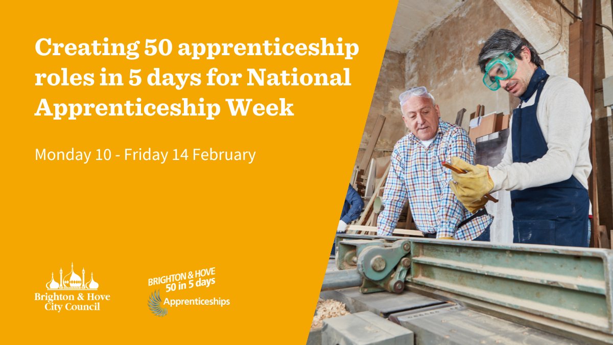 BrightonHoveCC's tweet image. To mark #NAW2025, organisations in Brighton &amp;amp; Hove will be generating #50ApprenticeshipsIn5Days.

The initiative aims to raise the profile of apprenticeships in the city and highlight the benefits for both employers and employees.

Find out more 👉 ow.ly/LVhx50UWSqY