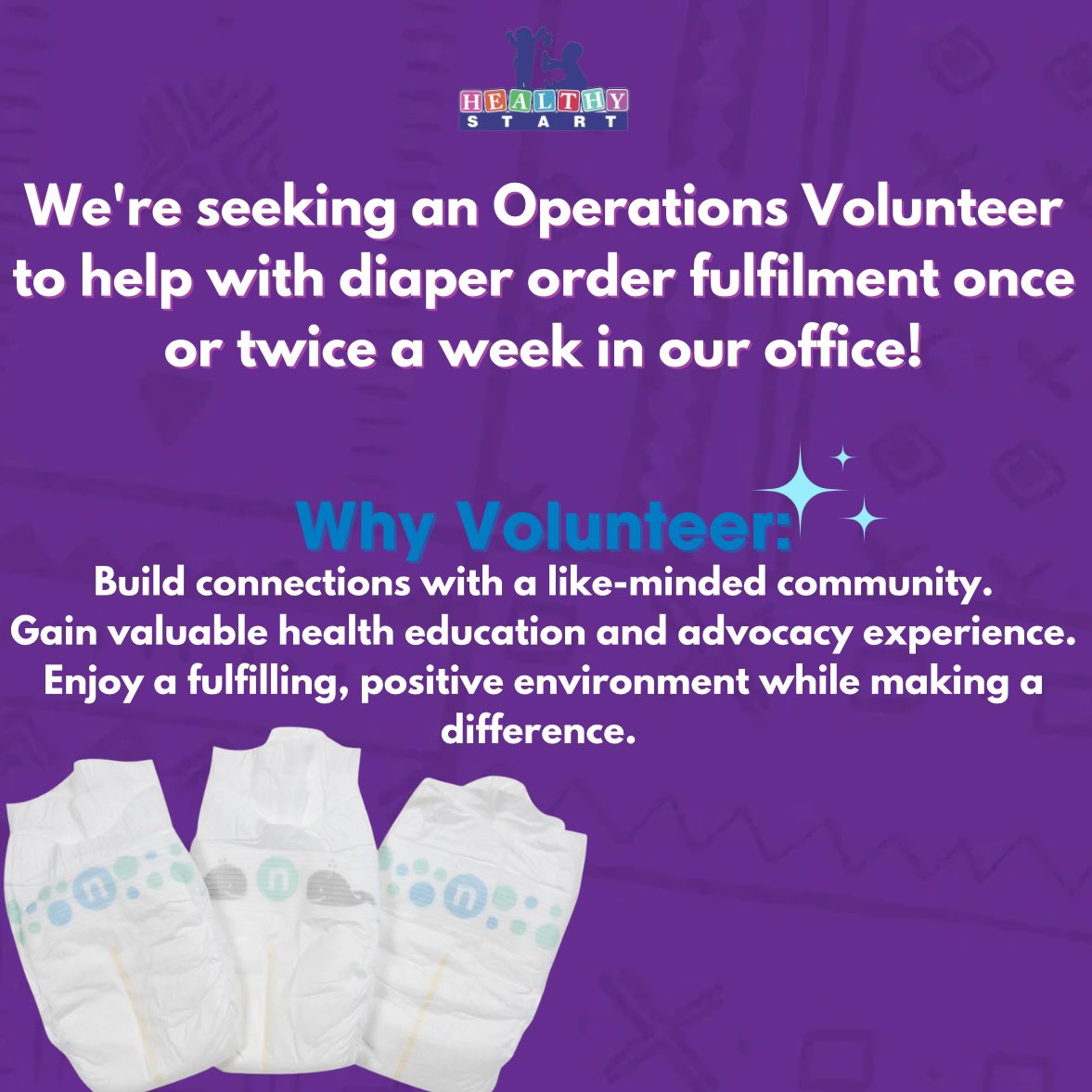 🗣️IMMEDIATE VOLUNTEER NEED: We’re seeking an Operations Volunteer to with diaper order fulfilment once or twice a week in our office! 🔗 details: docs.google.com/forms/d/e/1FAI…

🍼👶🏾Why Volunteer:  
Build connections with a like-minded community. Gain valuable health education.
