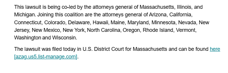 AZ Attorney General <a href="/krismayes/">Kris Mayes</a> is joining other attorneys general from CA, CT, CO, DE, HI, MN, MD, MN, NV, NJ, NM, NY, NC, OR, RI, VT, WA, and WI in filing a lawsuit to stop the <a href="/NIH/">NIH</a> from changing indirect cost rates to 15%.

Mayes says the change would impact AZ's medical