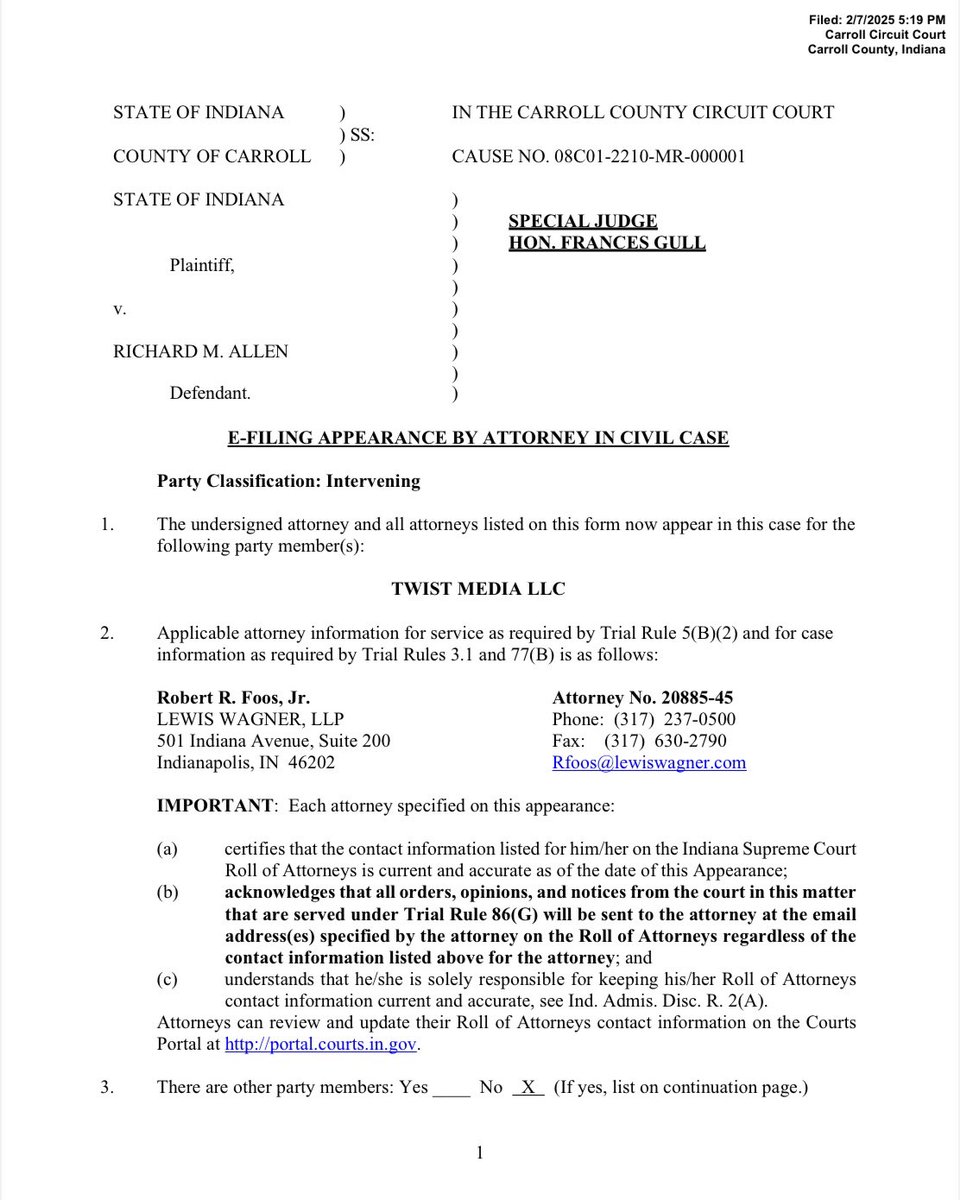 alleyesondelphi's tweet image. Twist Media LLC’s Motion to Intervene and to Compel Access to Public Trial Exhibits:
drive.google.com/file/d/1WQGS-s…

Appearance by Attorney in a Civil Case: 
drive.google.com/file/d/1AR4SuT…

#RichardAllen #DelphiTrial