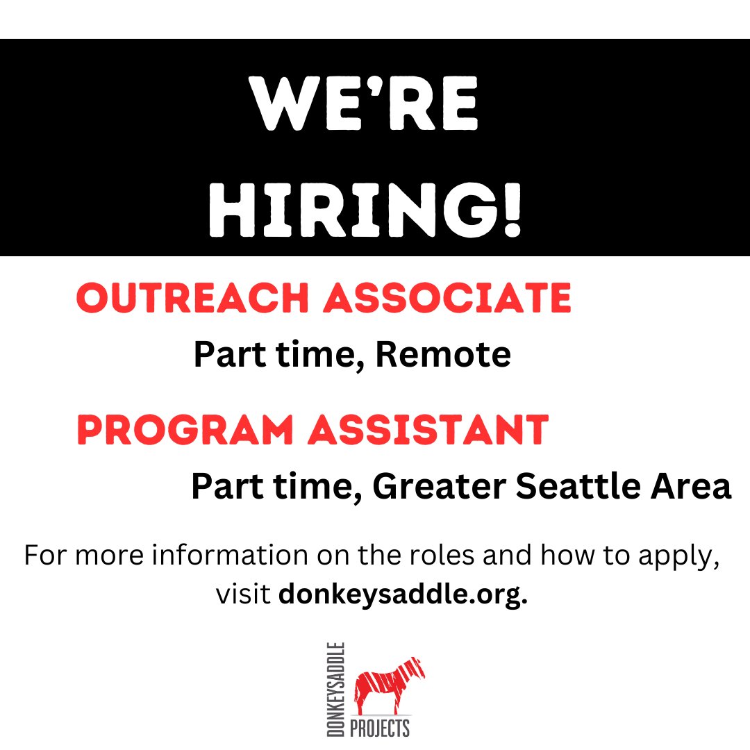 We're hiring! Donkeysaddle Projects is seeking to fill two part-time positions: an Outreach Associate and a Program Assistant. Applications due by February 20th. Learn more and apply here: drive.google.com/file/d/1kE0EGM…