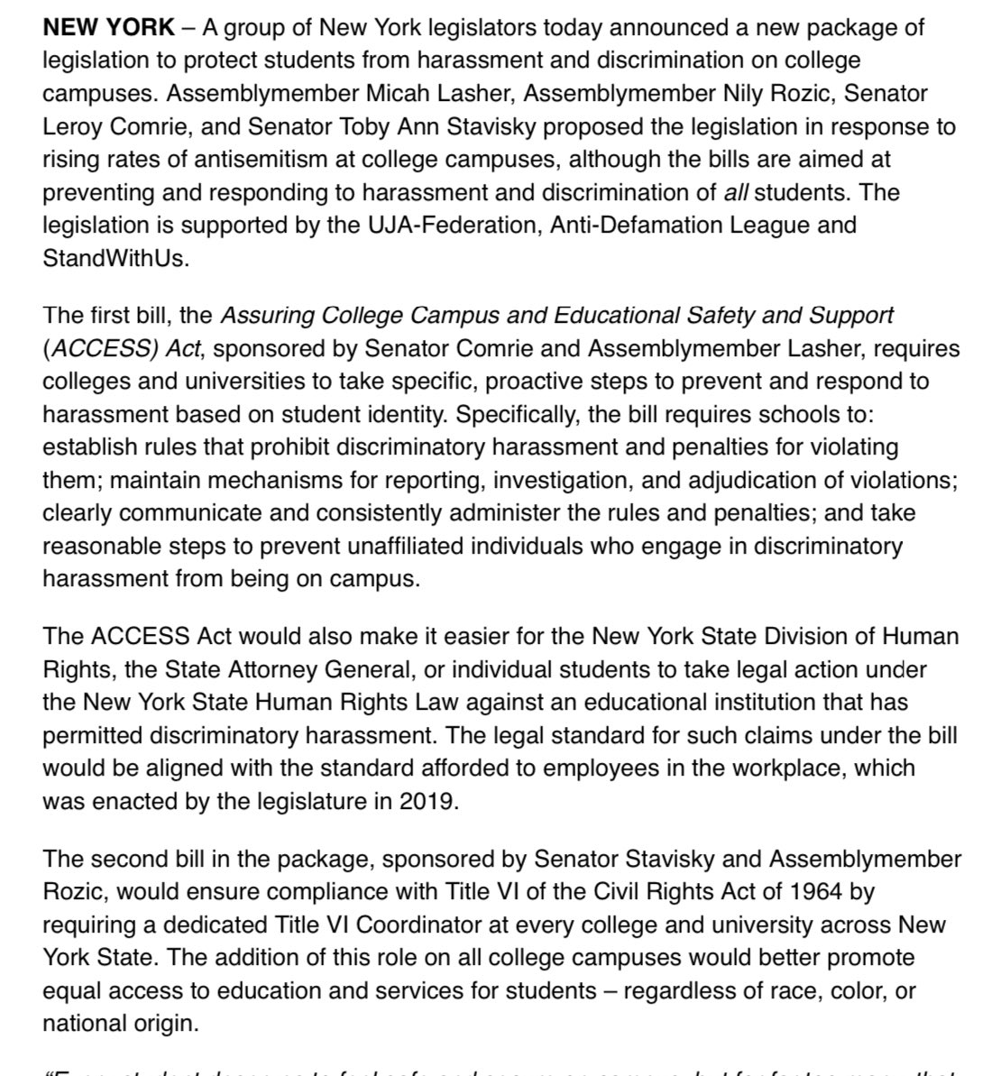 Jacob N. Kornbluh (@jacobkornbluh) on Twitter photo 🏫Inbox: Jewish members of the NY Assembly <a href="/nily/">Nily Rozic 李羅莎</a> and <a href="/MicahLasher/">Micah Lasher</a>, and in the State Senate <a href="/tobystavisky/">Toby Ann Stavisky</a> with <a href="/LeroyComrie/">Leroy Comrie</a>, introduce legislation package aimed at addressing rising antisemitism and student harassment at colleges and universities.
Details ⬇️ 🏫Inbox: Jewish members of the NY Assembly <a href="/nily/">Nily Rozic 李羅莎</a> and <a href="/MicahLasher/">Micah Lasher</a>, and in the State Senate <a href="/tobystavisky/">Toby Ann Stavisky</a> with <a href="/LeroyComrie/">Leroy Comrie</a>, introduce legislation package aimed at addressing rising antisemitism and student harassment at colleges and universities.
Details ⬇️