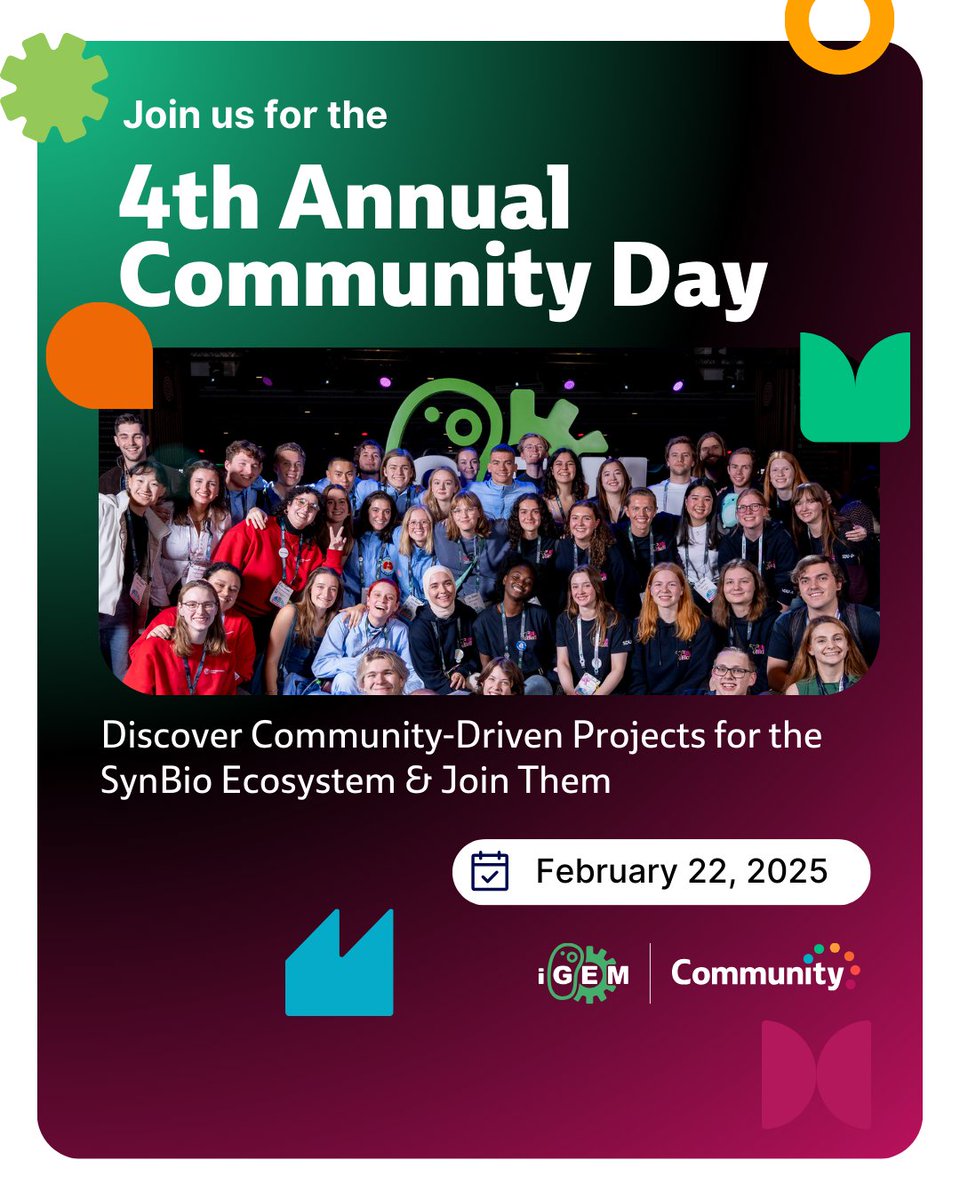 iGEMCommunity's tweet image. Celebrate & connect with the SynBio Community at the 4th Annual Community Day!
Meet the Community Project Heads, explore what they're building for the synthetic biology ecosystem & find out how you can join them.
When? Feb 22, 2025 - 17:00 UTC
Register: community.igem.org/events/communi…