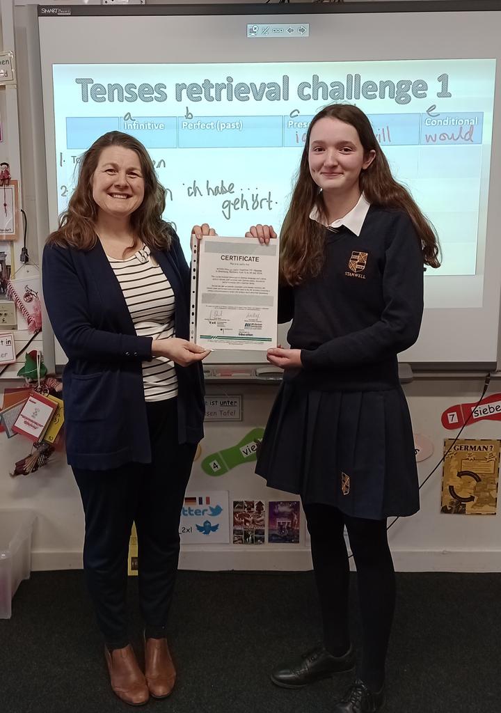 Stanwell MFL (@mfl_2xl) on Twitter photo Georgia, one of our GCSE Germanists, has been presented with her certificate for taking part in a 2 week language and cultural immersion course, organised and subsidised by the UK German Connection. Wunderbar! <a href="/ukgconnection/">UK-German Connection</a> <a href="/StanwellSchool/">Stanwell_School</a> <a href="/CSC_langlitcomm/">CSC_LLC</a> <a href="/WG_Education/">Welsh Government Education</a> Georgia, one of our GCSE Germanists, has been presented with her certificate for taking part in a 2 week language and cultural immersion course, organised and subsidised by the UK German Connection. Wunderbar! <a href="/ukgconnection/">UK-German Connection</a> <a href="/StanwellSchool/">Stanwell_School</a> <a href="/CSC_langlitcomm/">CSC_LLC</a> <a href="/WG_Education/">Welsh Government Education</a>