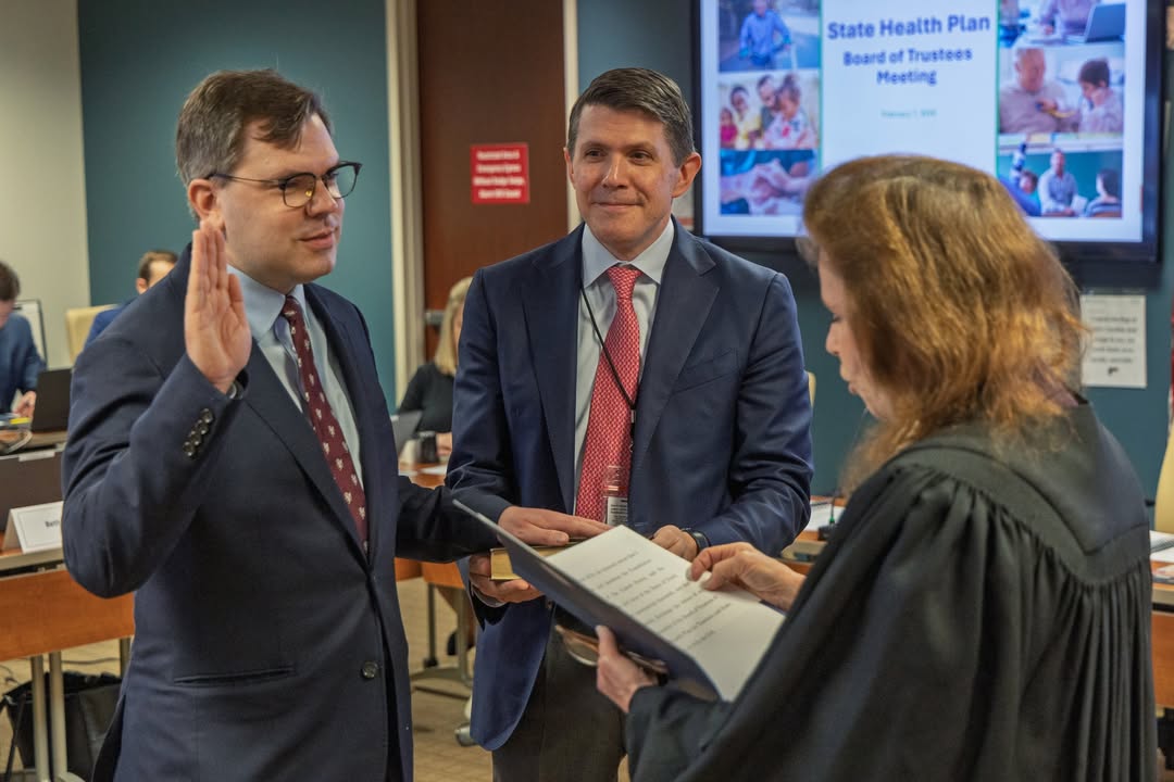 NCTreasurer's tweet image. At the February State Health Plan Board of Trustees meeting, two new members, @DrBrian4Health and @Sam_Watts, were sworn in as appointees of Treasurer Briner. To learn more about all the Plan’s Board members, visit shpnc.org/board-trustees
.
.
#ncpol #shpnc #healthplan