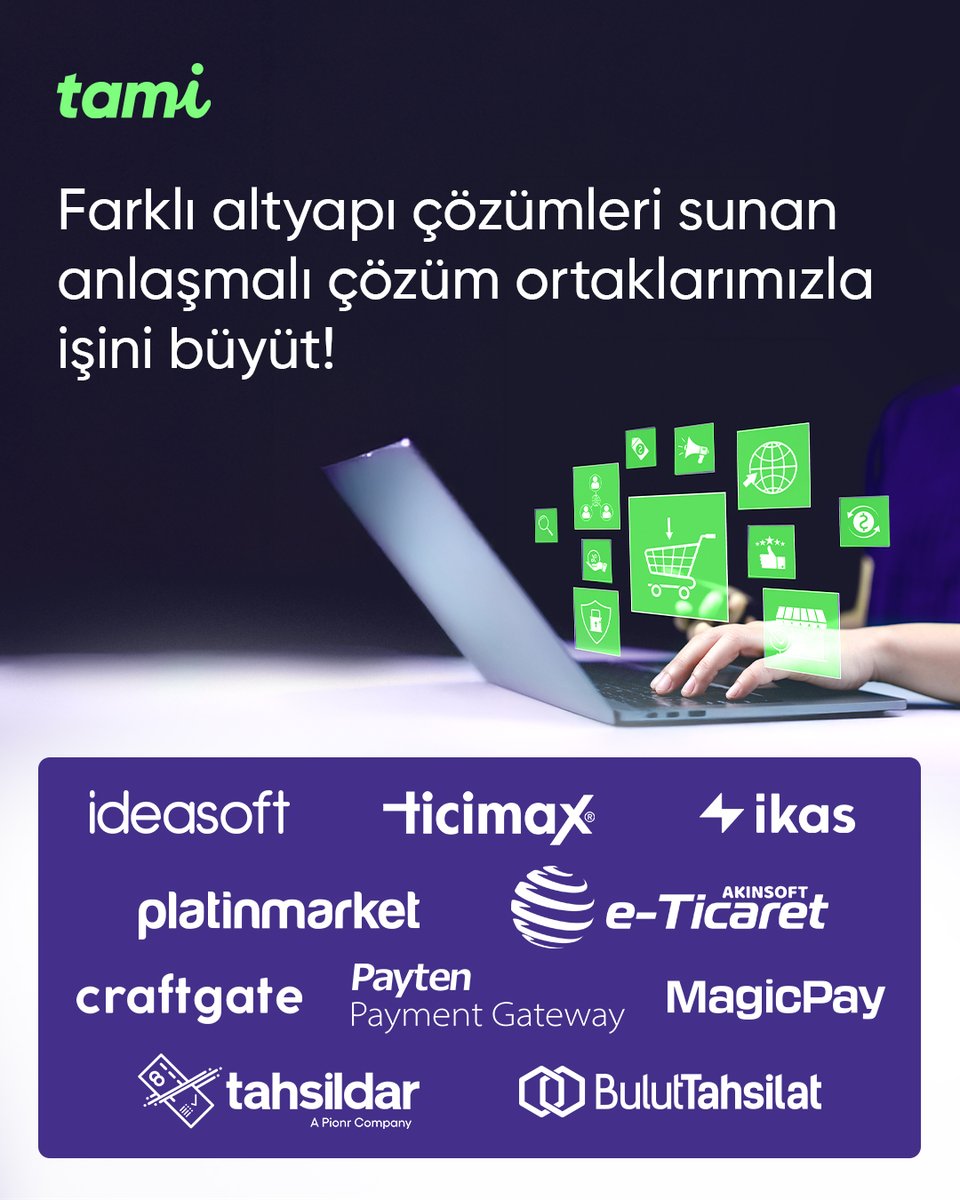Farklı altyapı çözümleri ve fırsatları sunan anlaşmalı çözüm ortaklarımızla işini büyütmek için profildeki linkte seni bekliyoruz.
#Tami #TamİstediğinÖdemeŞekli #TamiPOS