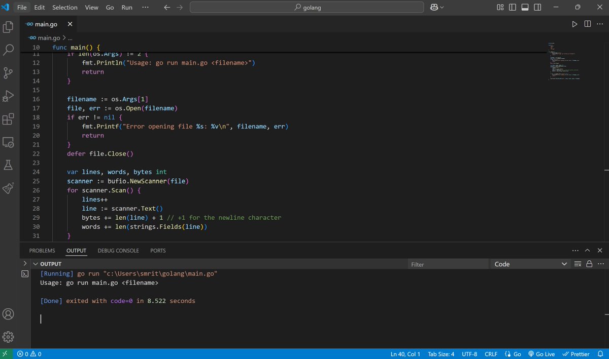 SmritiS0306's tweet image. Successfully completed the first part of my Go project: creating a command-line tool that replicates the Unix wc command. This tool can count lines, words, and bytes in files or standard input, supporting flags like -l, -w, and -c.  #GoLang #Unix #CommandLineTools #One2NBootcamp