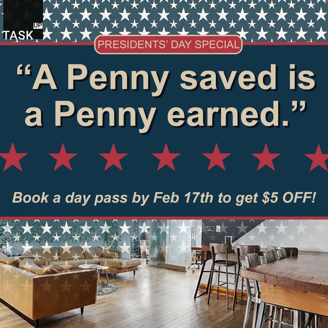 taskupphilly's tweet image. This Presidents Day, take charge like a leader and get things done in a space designed for success. 

Book a day pass by February 17th to get $5 OFF!
Apply Code: TASKUP7PDAY

#TaskUpPhilly #PhillyCoWorking #RemoteWorkSpaces #LeadWithProductivity #CoworkingDeals #Presidentsday
