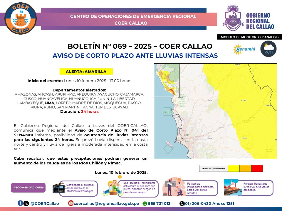 COERCallao's tweet photo. AVISO DE CORTO PLAZO ANTE LLUVIAS INTENSAS #24horas #RegionCallao #COER_INFORMA #Senamhi https://t.co/VAEYcOYuMr