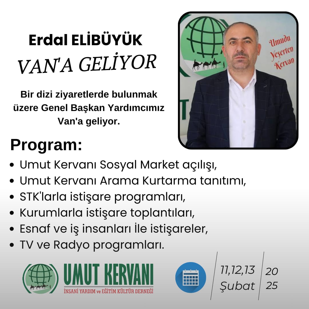 erdal_elibuyuk's tweet photo. Van Umut Kervanı İnsani Yardım Eğitim ve Kültür Derneği'nin davetlisi olarak Van'a 3 günlük çalışma ziyareti gerçekleştireceğim. 

Bu ziyaretimizin hayırlara vesile olmasını diliyorum. https://t.co/fHWMfCRGzY