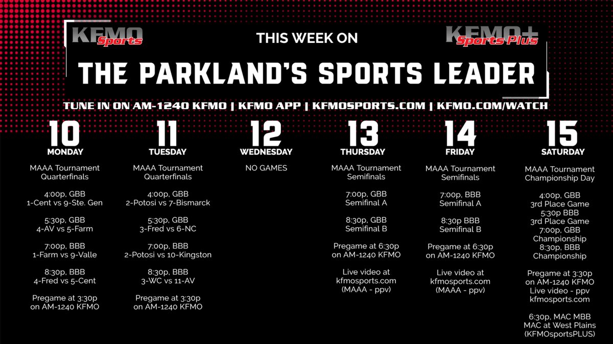 🏀MAAA Conference Tournament Bball this week as we decide champions on both the boys and girls brackets. Boys and Girls Quarterfinals tonight on AM-1240 KFMO.

Live video later in the week (conference requires ppv). 

Brackets can be found online at kfmosports.com.