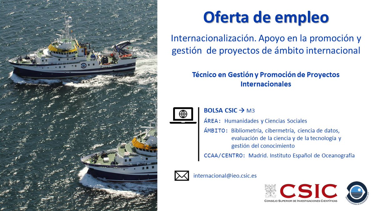 📢Quieres trabajar con nosotros?
La Unidad de Proyectos del <a href="/IEOoceanografia/">Instituto Español de Oceanografía (IEO-CSIC)</a>  oferta1⃣plaza para la promoción de la internacionalización
En bolsa de empleo <a href="/CSIC/">CSIC</a> 
sede.csic.gob.es/tramites/bolsa…
Enviar CV y carta de motivación➡️internacional@ieo.csic.es