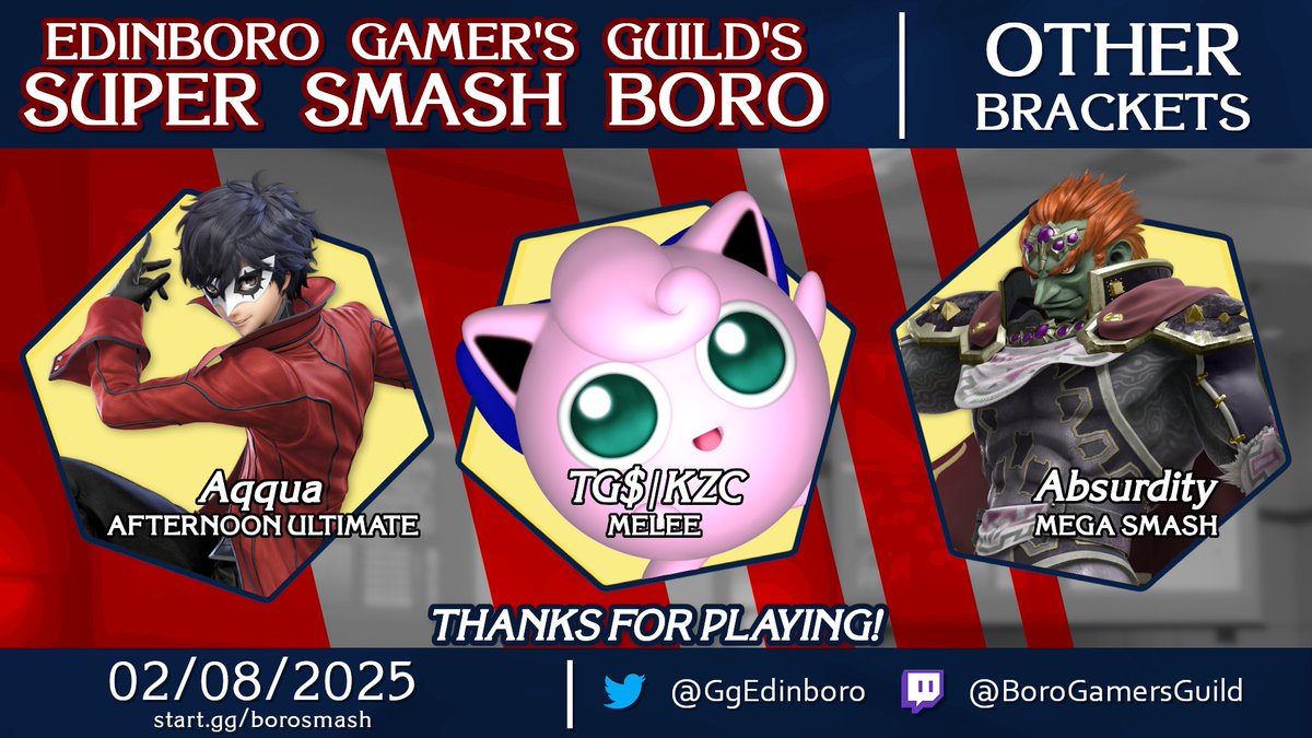 Here's your results for our other brackets at Smash Boro #79.

- <a href="/jimyatta/">Aqqua</a> wins Afternoon Ultimate.
- TG$ | KZC wins Melee, beating yakO &amp; SkratchPost.
- <a href="/Absurdity_117/">Absurdity</a> wins our Mega Smash bracket, beating Aires.