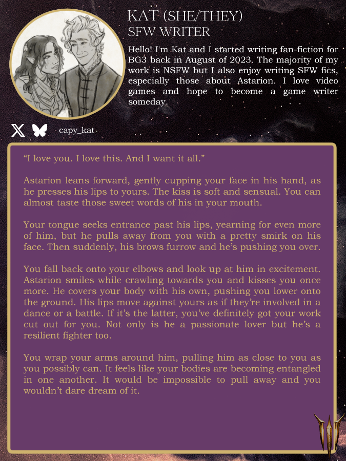 lastlightinn's tweet photo. 💜Echoes of  Devotion - Contributor Spotlight💜

We're so happy to be working with @capy_kat for this project as one of our SFW writer!

#bg3 https://t.co/eBDZdCQ7OC