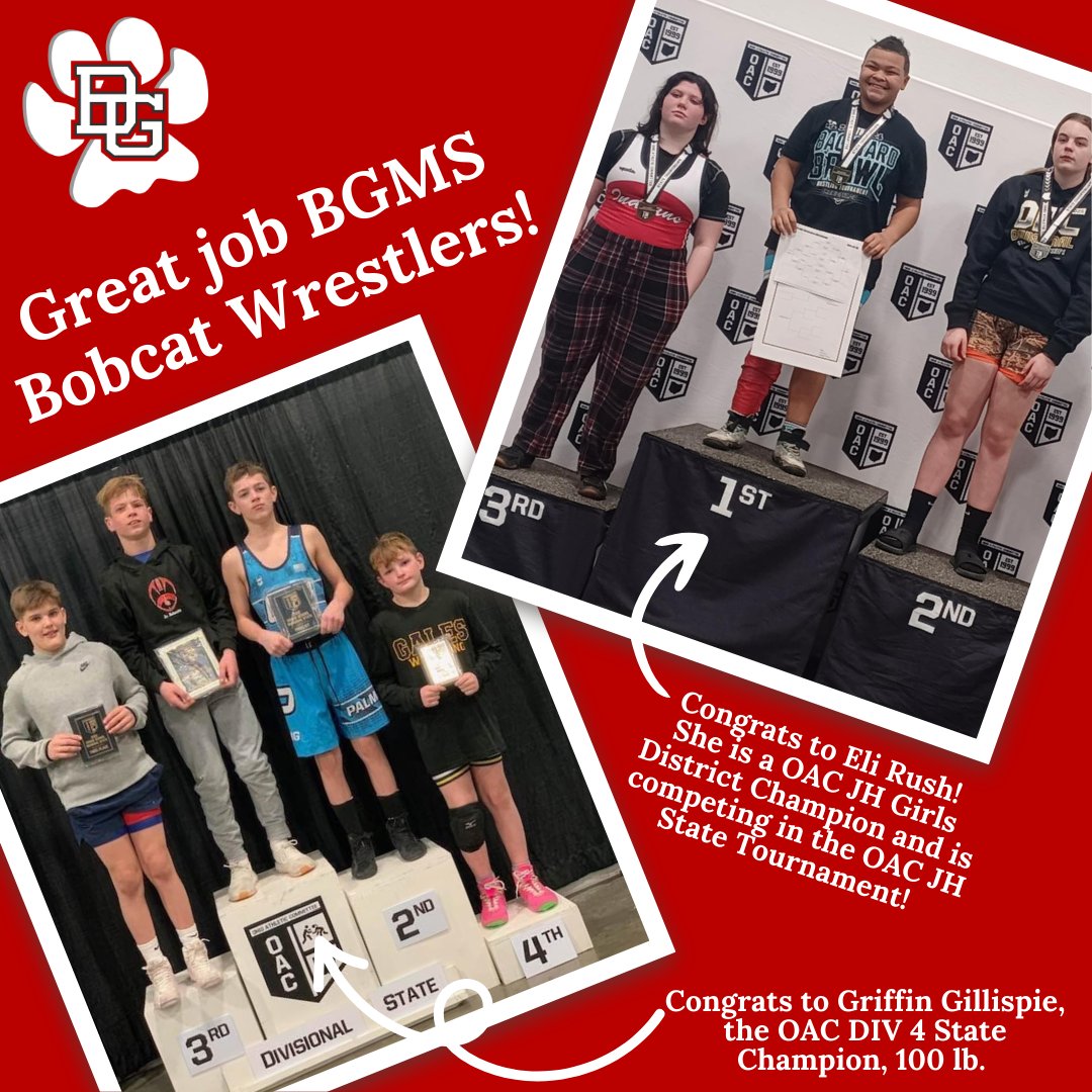 Congrats to our BGMS wrestlers! Leah Hackworth &amp; Eliana Rush shined at the OAC JH Girls District Tournament! Eli pinned her way to DISTRICT CHAMPION &amp; qualified for State! 🏆 Braden Beck won matches at OAC Divisional and Griffin Gillispie is the OAC DIV 4, 100 lbs CHAMPION!