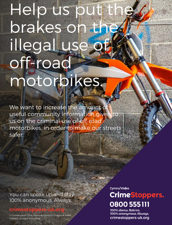 JuliansLabour's tweet photo. To help @GPNewport to tackle off road bikes they need intel. 

You can report any illegal activity anonymously to Crime Stoppers tel 0800 555 111. https://t.co/4dJxJ03cRC
