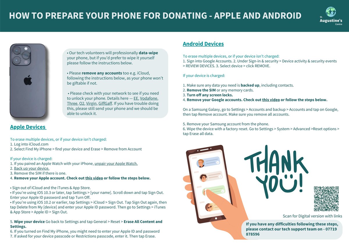 Got any second-hand tech?💻

We need phones, laptops, and tablets! We take both Android &amp; iPhones, and good condition tablets &amp; laptops. Prepping instructions below! DM or call the centre on 01422 352492 to arrange drop-off📱

Thanks, #keepdonating. It makes a huge #difference ♥