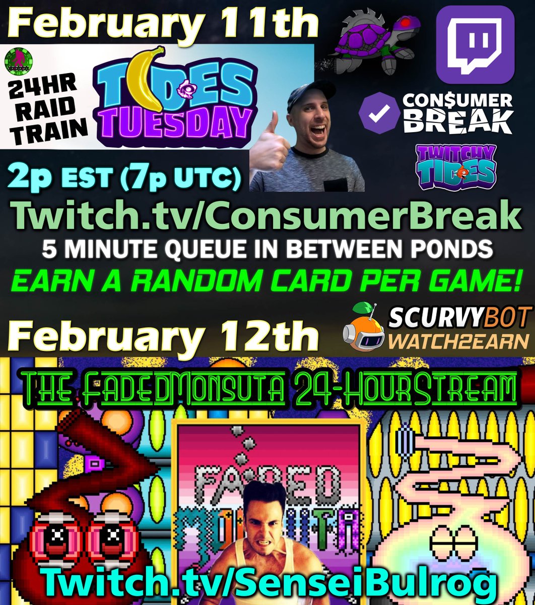 ConsumerBreak 📺🤑 watch2earn Twitch Partner (@consumerbreak) on Twitter photo 🌟Join us for an epic 48HR <a href="/Twitch/">Twitch</a> #LiveStream event Tuesday and Wednesday FILLED WITH <a href="/WAX_io/">WAX</a> #WAXNFT PRIZES!
🐟 <a href="/LasVegasApe702/">LasVegasApe</a> and gang bring us the legendary weekly #TidesTuesday 24hr RAID TRAIN!
🐢I will be guest streaming the 2pmEST slot and running <a href="/TwitchyTides/">Twitchy Tides</a> games 🌟Join us for an epic 48HR <a href="/Twitch/">Twitch</a> #LiveStream event Tuesday and Wednesday FILLED WITH <a href="/WAX_io/">WAX</a> #WAXNFT PRIZES!
🐟 <a href="/LasVegasApe702/">LasVegasApe</a> and gang bring us the legendary weekly #TidesTuesday 24hr RAID TRAIN!
🐢I will be guest streaming the 2pmEST slot and running <a href="/TwitchyTides/">Twitchy Tides</a> games