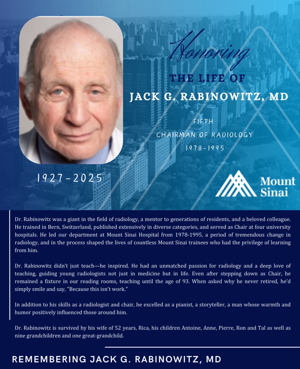Mount Sinai Diag, Molecular, and Interv Radiology (@mountsinaidmir) on Twitter photo It is with great sadness that we share the passing of Dr. Jack G. Rabinowitz, the fifth Chairman of Radiology at <a href="/MountSinaiNYC/">Mount Sinai Health System</a> , who passed peacefully this weekend at the age of 97. It is with great sadness that we share the passing of Dr. Jack G. Rabinowitz, the fifth Chairman of Radiology at <a href="/MountSinaiNYC/">Mount Sinai Health System</a> , who passed peacefully this weekend at the age of 97.