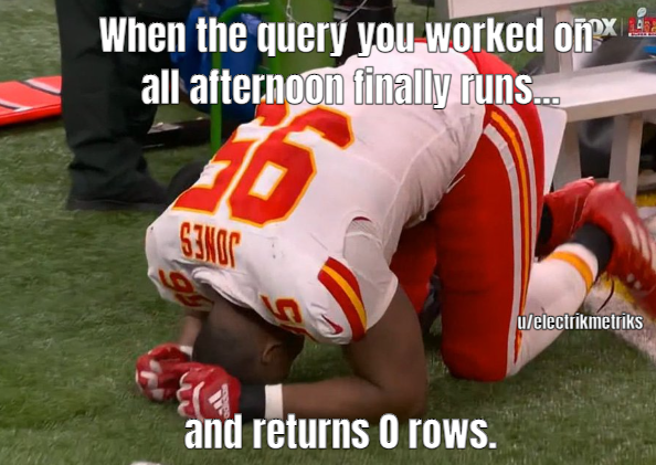 zack_soliddata's tweet photo. Failure is our greatest teacher.

Focusing on query optimization and running small iterative tests is a good way to keep yourself from landing yourself in this boat.

#SQLHumor #Analyst #DataAnalyst #meme #SuperBowlLIX #NFLMeme https://t.co/FlQeser1BW