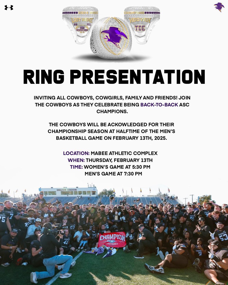 It’s a 𝘾𝙀𝙇𝙀𝘽𝙍𝘼𝙏𝙄𝙊𝙉 💍 

Join the Cowboys this Thursday in being acknowledged for their Back-to-Back championship season

Presentation will take place at halftime of the men’s basketball game this week. Come support all Cowboys/Cowgirls! 

#HOOYAH
