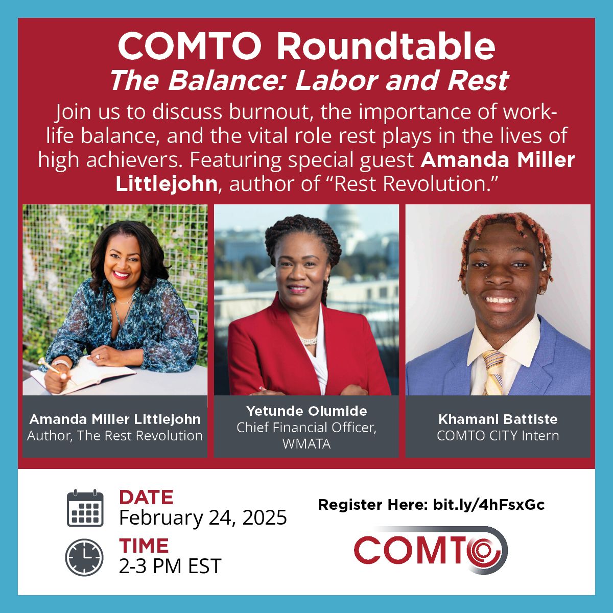 COMTO_HQ's tweet image. In honor of black history month and the theme African Americans and Labor, COMTO will host a virtual roundtable, The Balance: Labor and Rest, on Monday, February 24, 2025, from 2-3PM.  

#COMTO #BlackHistoryMonth #VirtualDiscussion #Webinar