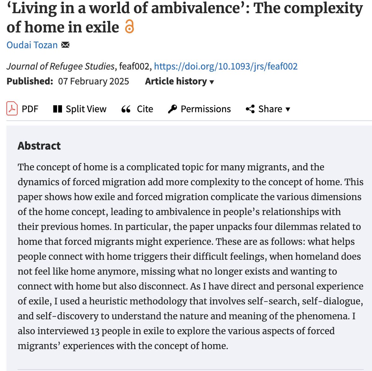 I am pleased to share my new academic article on the complexity of home in exile, published in the Journal of Refugee Studies at the University of Oxford. The paper delves into the ambivalence of exiles and highlights 4 dilemmas they encounter. To read 👇
doi.org/10.1093/jrs/fe…