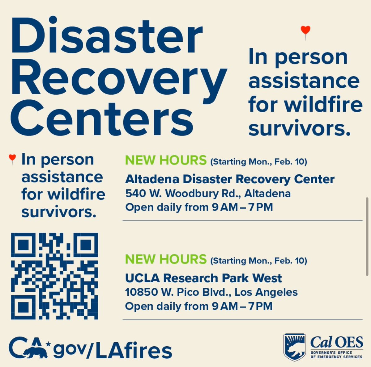 NEW HOURS ALERT: Starting today the two Disaster Recovery Centers in Los Angeles County will be open 9 a.m. to 7 p.m., 7 days a week, to help residents affected by the wildfires continue their recovery. #LAFires