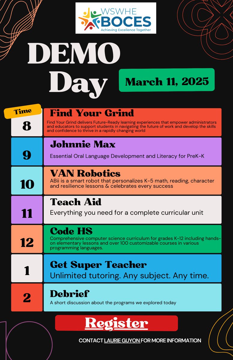 WSWHE Model Schools (@wswhebocesms) on Twitter photo Join DEMO Day on March 11th for FREE!
Come for the whole day or bop in and out based on your interests!
Learn About:
<a href="/findyourgrind/">Find Your Grind</a> <a href="/GoJohnnieMax/">Johnnie Max</a> <a href="/TeachAidAI/">TeachAid</a> <a href="/vanrobotics/">ABii’s World by Van Robotics</a> <a href="/CodeHS/">CodeHS</a> <a href="/getSuperTeacher/">Super Teacher</a>
Sign up today: mylearningplan.com/WebReg/Activit…
#CSforNY
#NYSCATE
<a href="/WSWHEBOCES/">WSWHE BOCES</a> Join DEMO Day on March 11th for FREE!
Come for the whole day or bop in and out based on your interests!
Learn About:
<a href="/findyourgrind/">Find Your Grind</a> <a href="/GoJohnnieMax/">Johnnie Max</a> <a href="/TeachAidAI/">TeachAid</a> <a href="/vanrobotics/">ABii’s World by Van Robotics</a> <a href="/CodeHS/">CodeHS</a> <a href="/getSuperTeacher/">Super Teacher</a>
Sign up today: mylearningplan.com/WebReg/Activit…
#CSforNY
#NYSCATE
<a href="/WSWHEBOCES/">WSWHE BOCES</a>