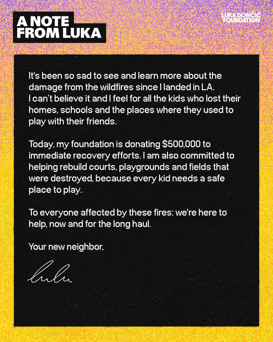 GrantAfseth's tweet photo. The Luka Dončić Foundation makes a kind gesture in his new Los Angeles community. 

Dončić is donating $500K to immediate recovery efforts after recent wildfires. https://t.co/XZeUenvZA4