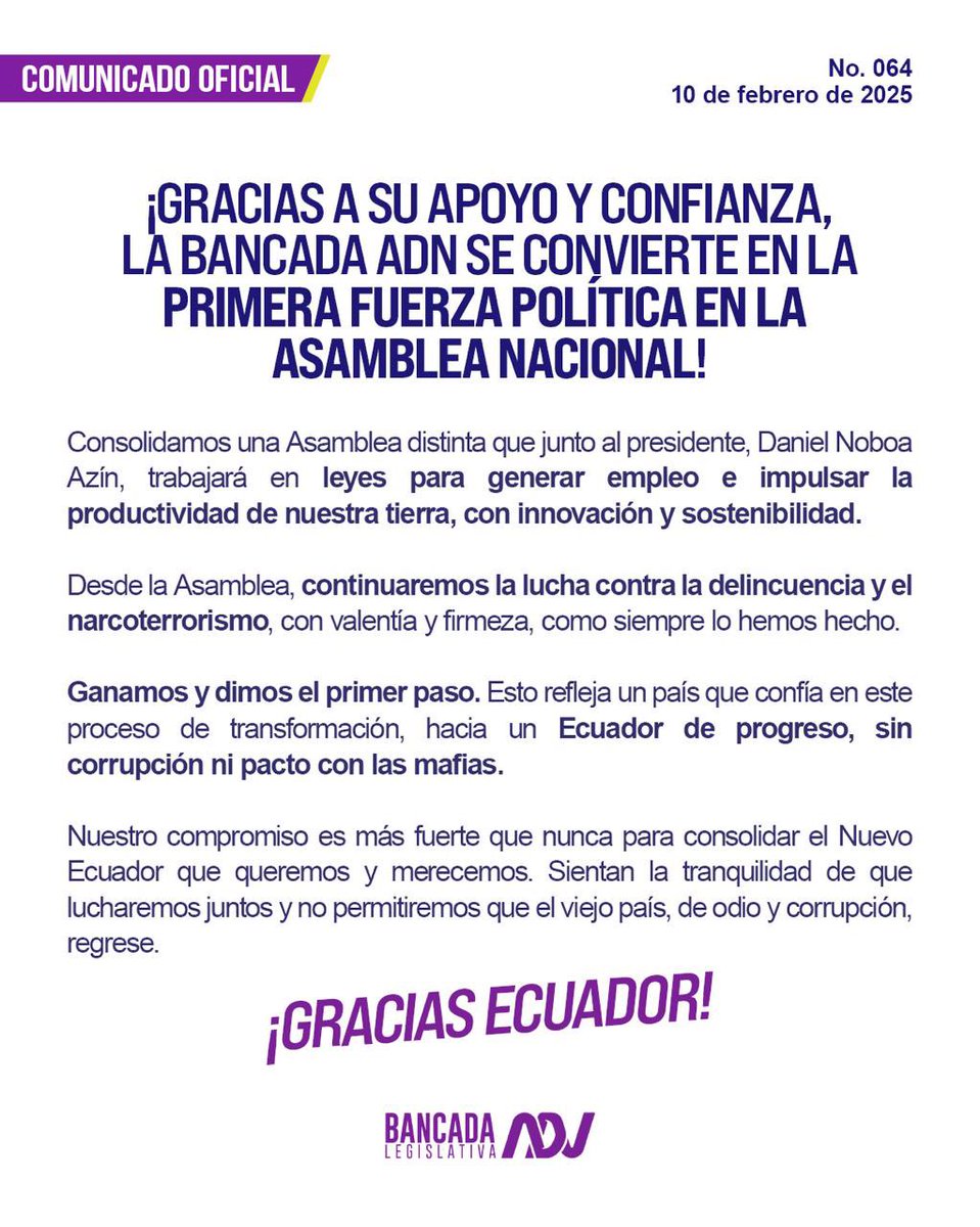 🟣COMUNICADO🟣

¡Gracias a su apoyo y confianza, la bancada de ADN se convierte en la primera fuerza política en la Asamblea Nacional! 💪🏼💪🏼