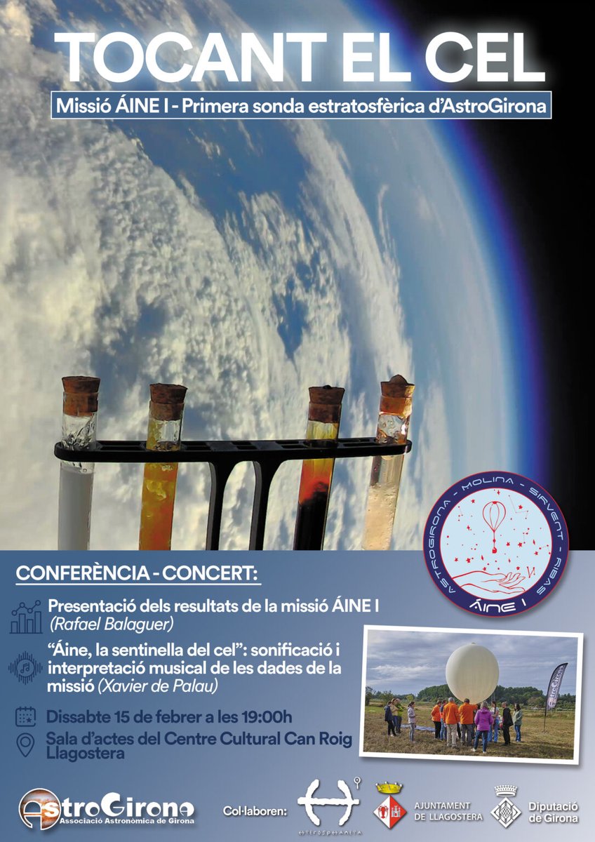 Dissabte no us perdeu la presentació de resultats de la missió Ainé I, la sonda estratosfèrica que va llançar AstroGirona, en col·laboració amb alumnes de <a href="/maristesgirona/">Maristes Girona</a>. A càrrec de <a href="/RafelBalaguer/">Rafael Balaguer Rosa</a> i Xavier de Palau <a href="/hierosphaneia/">Hierosphaneia</a>

Col·laboren <a href="/llagosteraldia/">Ajuntament de Llagostera</a> <a href="/DiputacioGirona/">Diputació de Girona</a>