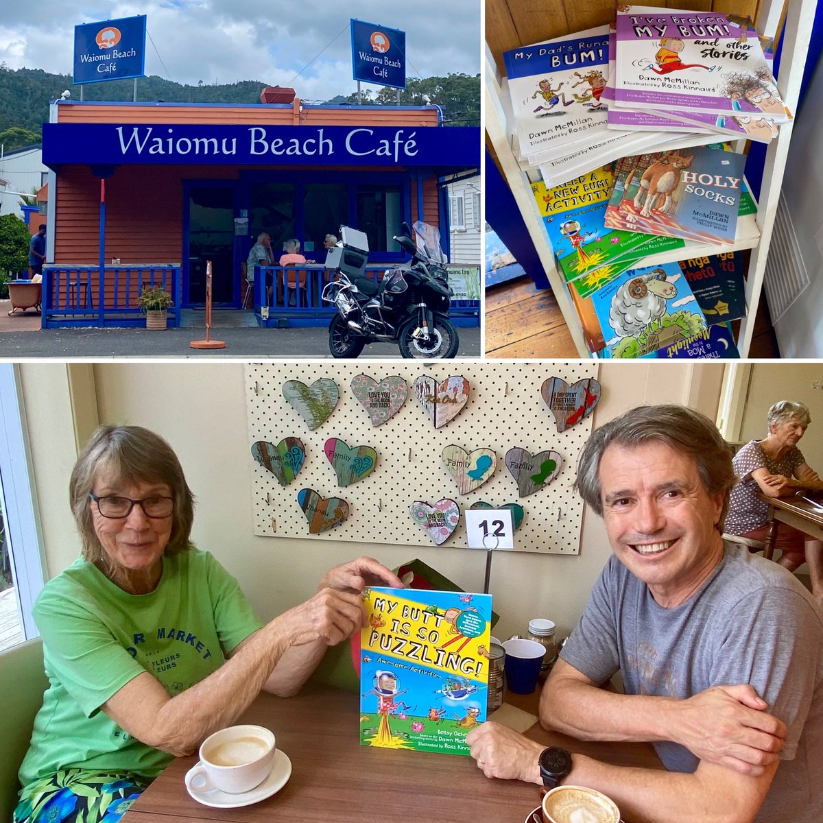 OratiaBooks's tweet photo. A pleasure to meet our wonderful author Dawn McMillan at Waiomu Beach Cafe, Coromandel, where they stock a great collection of Dawn’s books.
#dawnmcmillan #oratiabooks #ineedanewbutt #ineedanewbum #nzauthors @doverpubs https://t.co/y9uxngcVPQ